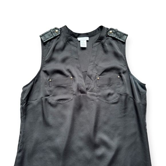 🔃Cache Black V Neck Faux Leather Sleeveless Tank Top - Picture 3 of 7